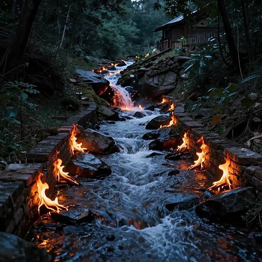 Surreal River Flowing Uphill with Fire Source
