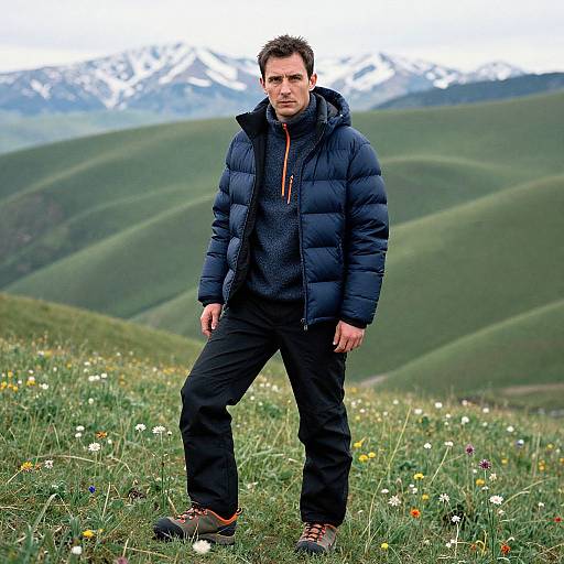 Photograph of a serious-looking man in a navy puffer jacket and black pants, standing on a grassy hill with wildflowers and mountains in the