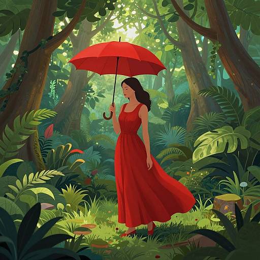 Digital illustration of a woman in a flowing red dress holding a red umbrella in a lush, sunlit jungle with vibrant green foliage.