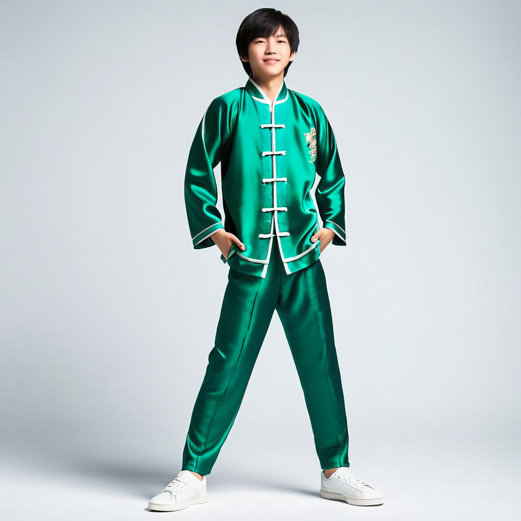 Excited Teen in Green Silk Tang Suit