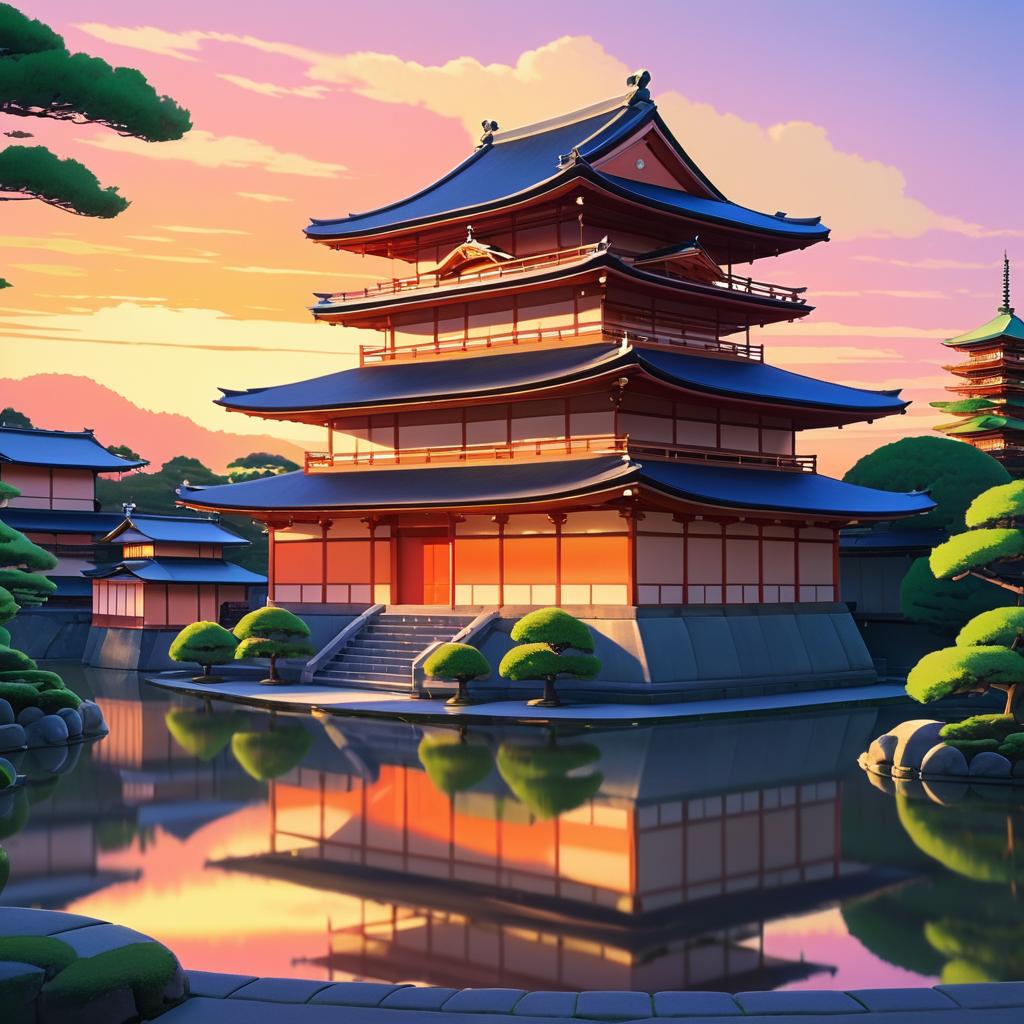 Wholesome Animated Kyoto Temple at Sunset