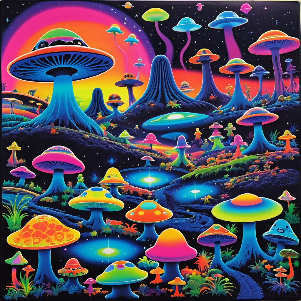 Trippy 70s Frogs in Alien Landscape