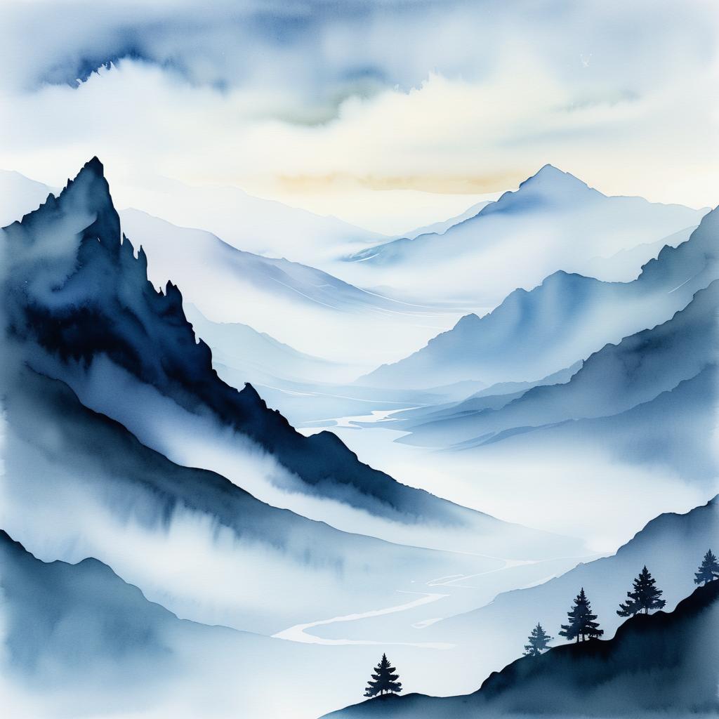 Serene Mountain Silhouette with Misty Clouds