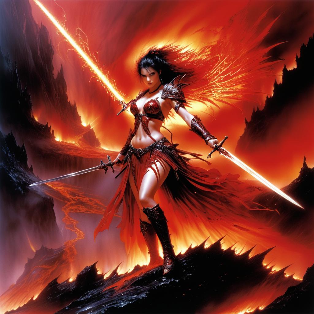 Fierce Warrior Maiden in Volcanic Battle