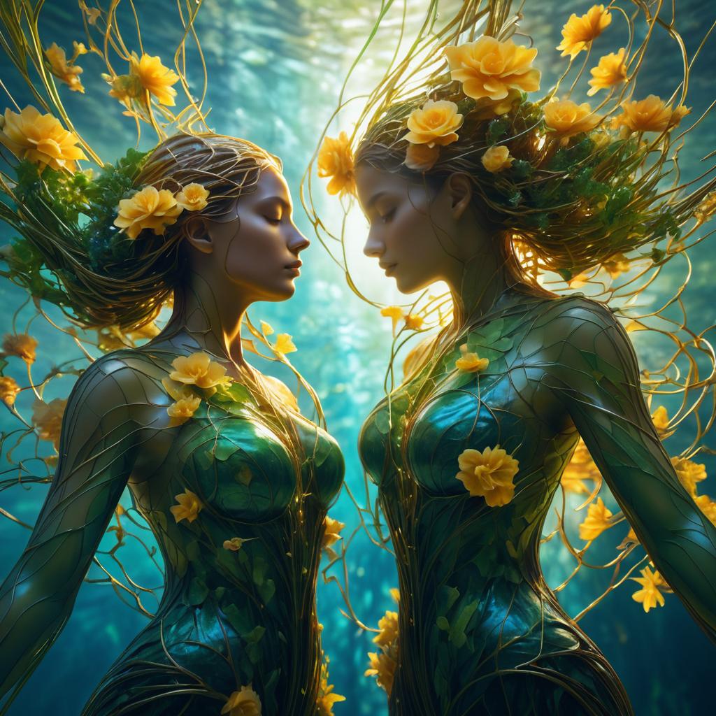 Intertwined Bodies in a Floral Underwater Scene