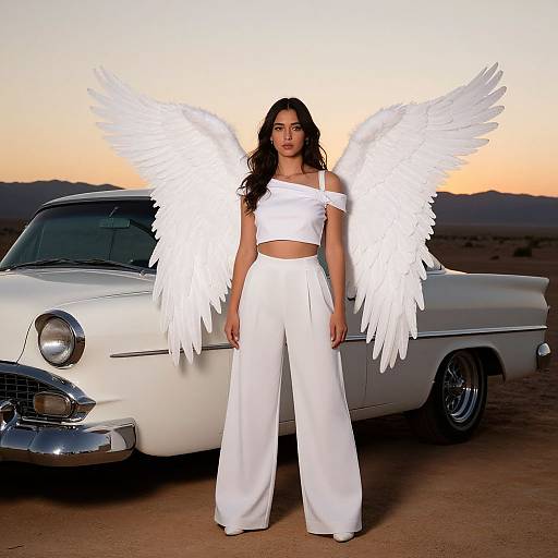 Photograph of a woman with long black hair, white angel wings, white crop top, and high-waisted pants, standing in front of a