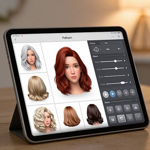 Photograph of a tablet displaying a hair color app with five virtual hair models, including white, red, blonde, brown, and black, against a