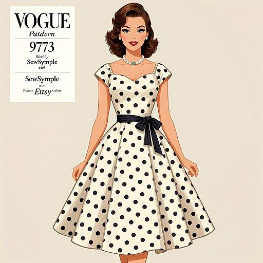 Digital illustration of a vintage-style woman with fair skin, dark brown wavy hair, red lipstick, wearing a white polka dot dress with a black