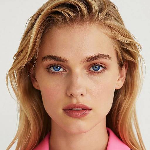 Photograph of a young woman with blue eyes, blonde hair, fair skin, and pink lips, wearing a pink shirt, against a white background.