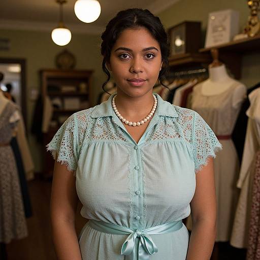 Photograph of a young Black woman with dark hair in a vintage-style light blue lace dress, pearl necklace, and green background of a vintage clothing store