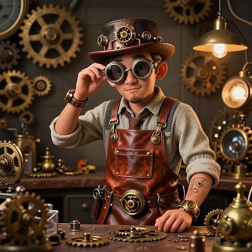 Steampunk Inventor with Goggles and Leather Apron