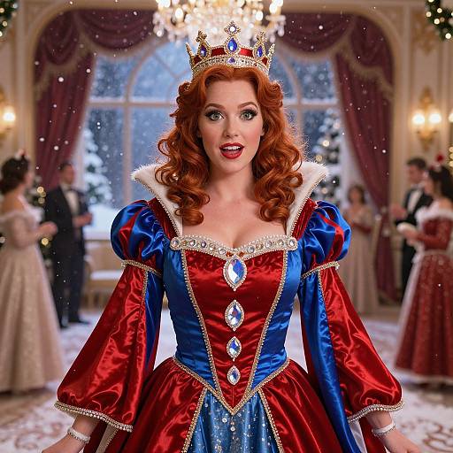 Photograph-style CGI of a red-haired woman with curly hair, wearing a blue and red medieval-style gown, crowned, in a snowy ballroom with