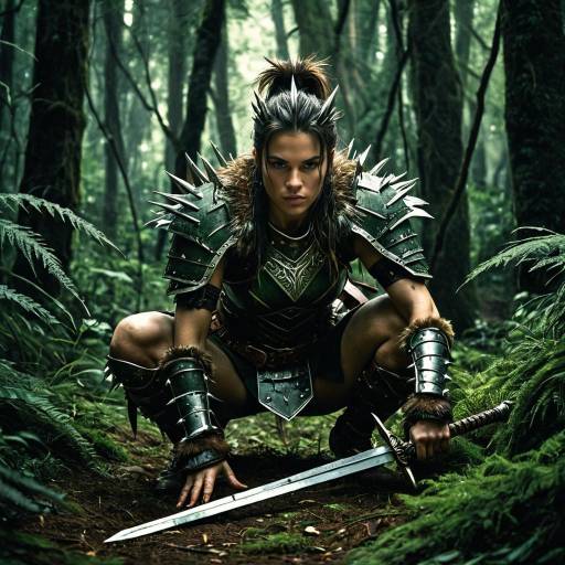 Fierce Female Warrior in Spiked Armor in Forest