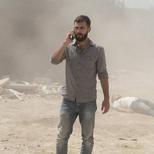 Determined Man in Dusty Action Scene