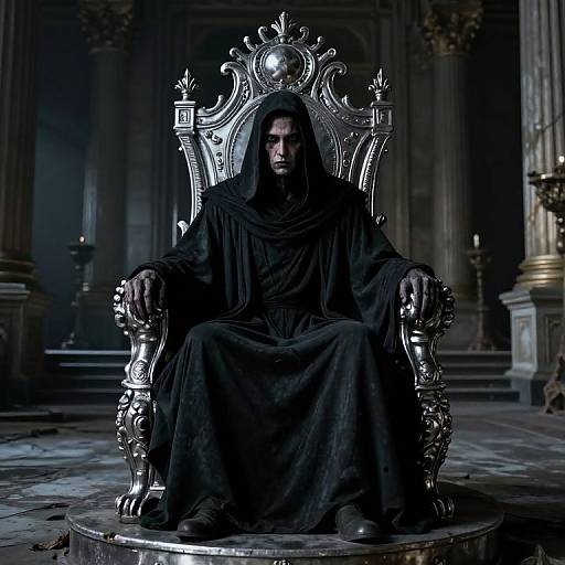 Photograph of a dark-robed, hooded figure sitting on an ornate, silver throne in a dimly lit, grand, Gothic-style hall