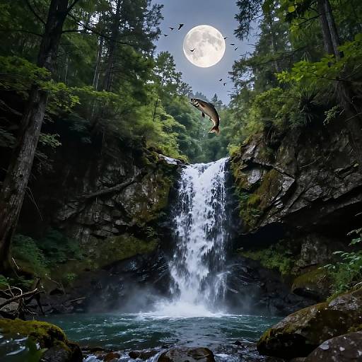 Photograph of a lush forest waterfall under a full moon, with a fish mid-jump above the cascading water, surrounded by dense green trees and