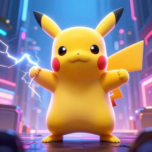 CGI image of Pikachu standing in a neon-lit city street, arms raised, glowing lightning bolt on left, determined expression.