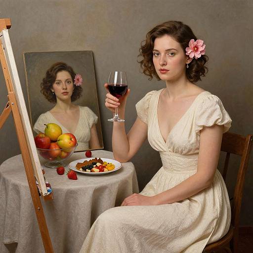 Photograph of a fair-skinned woman with curly brown hair, wearing a cream dress and pink flower, holding wine glass, seated at table with fruit