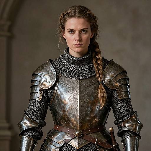 Photograph of a determined young woman with braided brown hair, wearing detailed, polished medieval steel armor, standing against a dark, stone-walled background