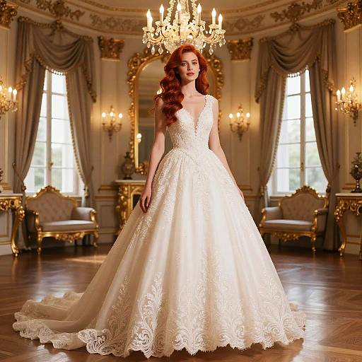Photograph of a red-haired woman in a white, lace-embellished, full-length wedding gown, standing in an ornate, chandelier