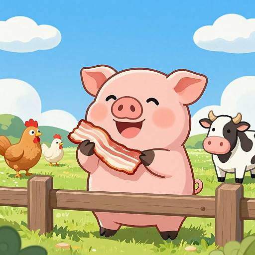 Cartoon pig joyfully eats bacon, standing behind wooden fence, with chicken and cow in sunny, blue-sky, green-field farm background.
