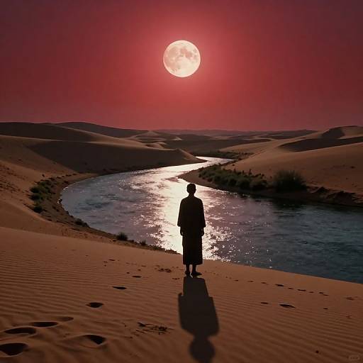 Silhouetted person stands by a river in a desert at sunset, with a large, glowing red moon in the sky.