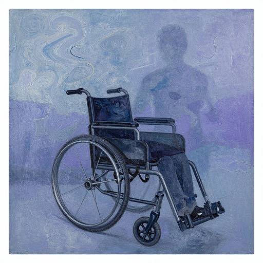 Digital artwork of a black wheelchair with smoke-like swirls in the background, featuring a translucent, blue-toned silhouette of a person. Abstract, textured