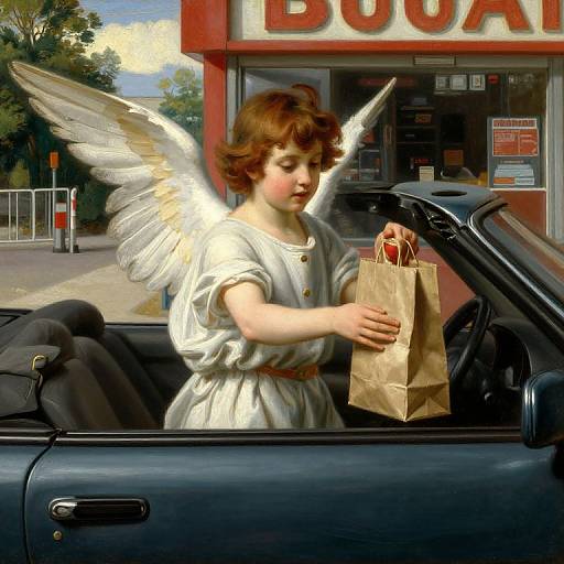 Digital painting of a young angel with white wings, short brown hair, wearing a white dress, holding a brown paper bag, sitting in a blue convertible