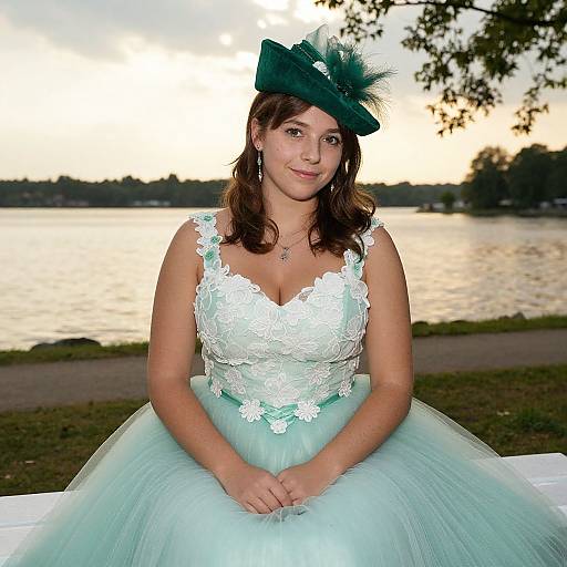 Photograph of a smiling woman in a light turquoise lace and tulle dress, green fascinator hat, seated by a lake at sunset.