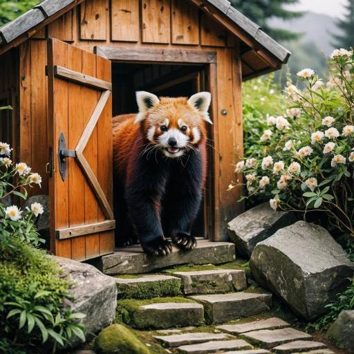 Red Panda Emerging from Wooden House