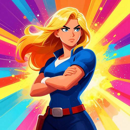 Digital illustration of a blonde, blue-eyed woman with crossed arms, wearing a blue shirt and belt, against a vibrant, colorful explosion background. Dynamic and