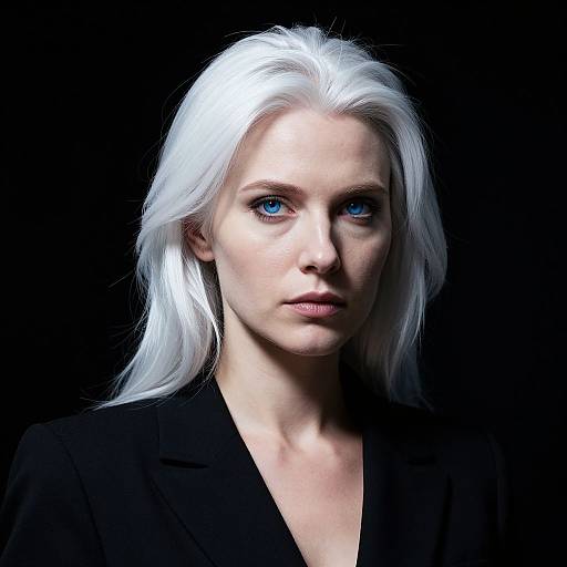 Photograph of a pale-skinned woman with long, white hair and blue eyes, wearing a black blazer, against a black background.