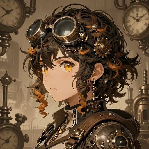 Steampunk-style digital drawing of a young woman with curly black hair, yellow eyes, steampunk goggles, and intricate clockwork jewelry, set