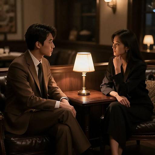 Two Figures in Dimly Lit Elegance