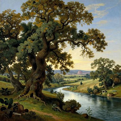 Photorealistic painting of a serene landscape with a winding river, large twisted tree, grazing cows, and a distant hill at sunset.