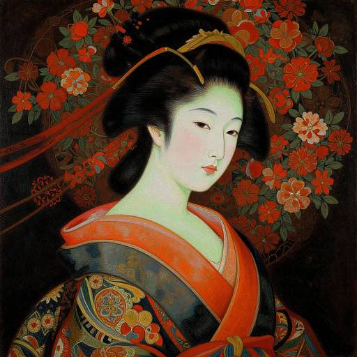 Traditional Japanese woodblock print of a serene geisha with pale skin, black hair in an updo, red and gold kimono, surrounded by vibrant
