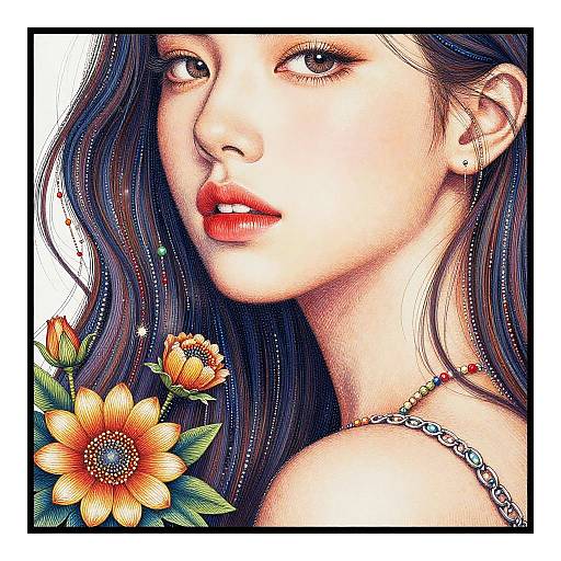 Digital portrait of a fair-skinned woman with long blue-black hair, red lips, and a flower necklace, framed with a geometric border.