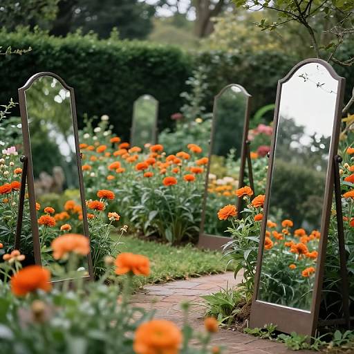 Serene Garden with Reflective Mirrors