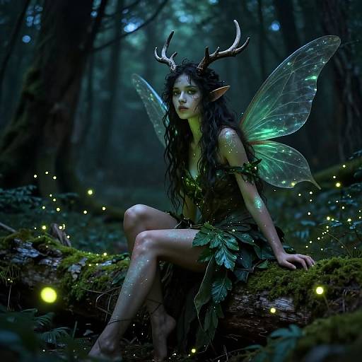 Photorealistic fantasy image of a dark-haired, elf-like fairy with glowing green wings, antlers, and leafy attire, seated on a moss