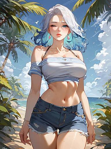 Stylish Woman in Daisy Duke Shorts on Tropical Beach