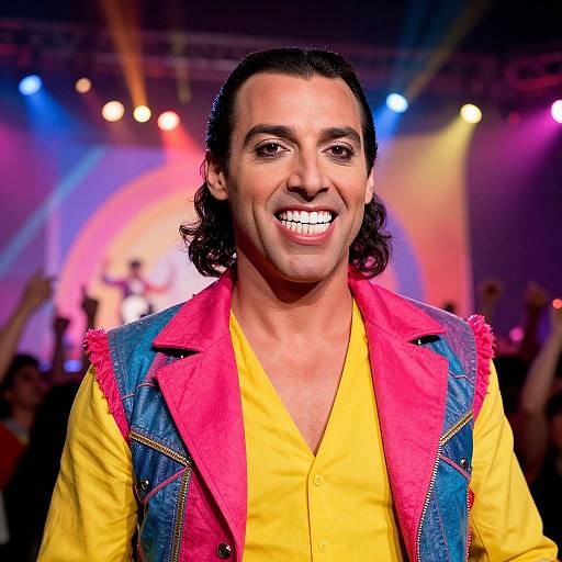 Photograph of a smiling man with dark wavy hair, wearing a vibrant yellow shirt, pink jacket, and blue denim vest, on a brightly lit
