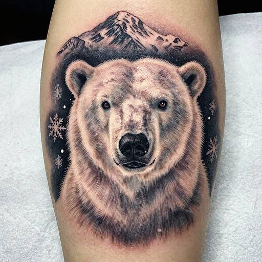 Realistic tattoo of a bear with detailed fur, snowy background, and mountain peak above. Black and grey shading, snowflakes surrounding. Photoreal