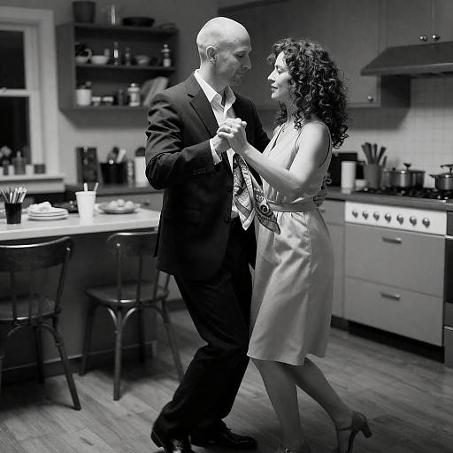 Black-and-White Couple Dancing in Kitchen