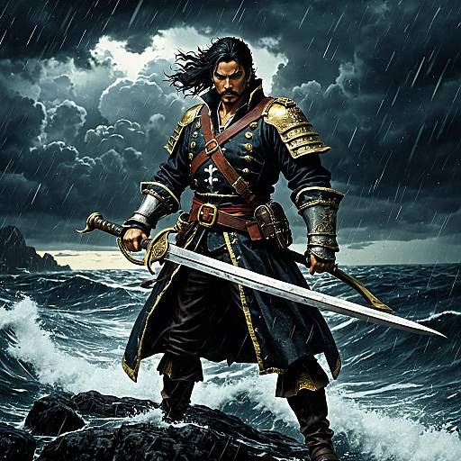 Valiant Pirate Captain in a Stormy Sea