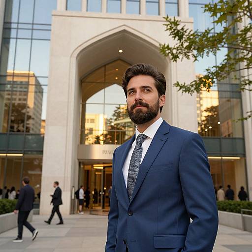 Photograph of a bearded man with dark brown hair, wearing a navy blue suit and white shirt, standing in front of a modern glass and stone