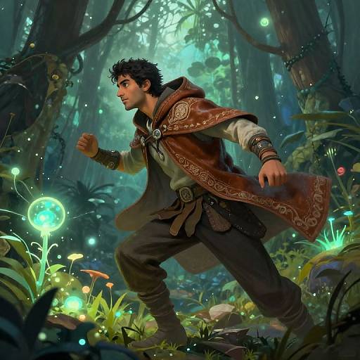 Digital fantasy artwork: Curly-haired man in brown cloak and leather armor sprints through enchanted forest, glowing mushrooms and fireflies illuminating the path.