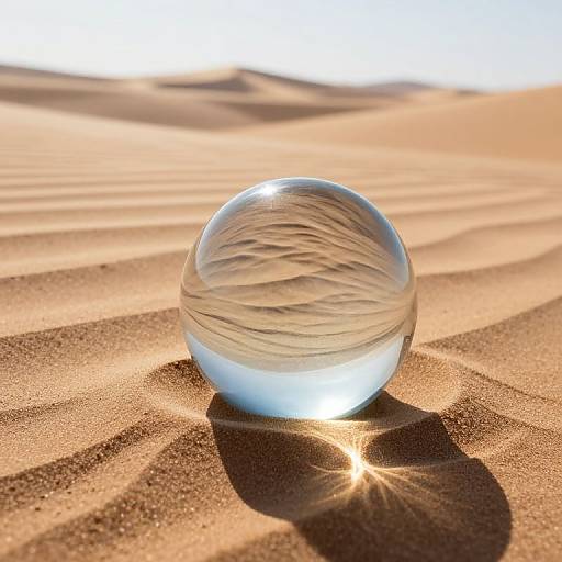 Photograph of a clear, textured glass sphere casting starburst shadows on golden sand at sunset, with wavy sand patterns in the background.