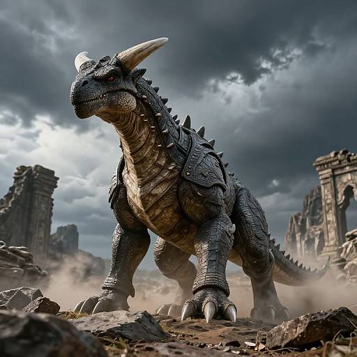 CGI image of a massive, armored, black-scaled, horned dragon standing on a dusty, ruined landscape with cloudy, stormy sky.