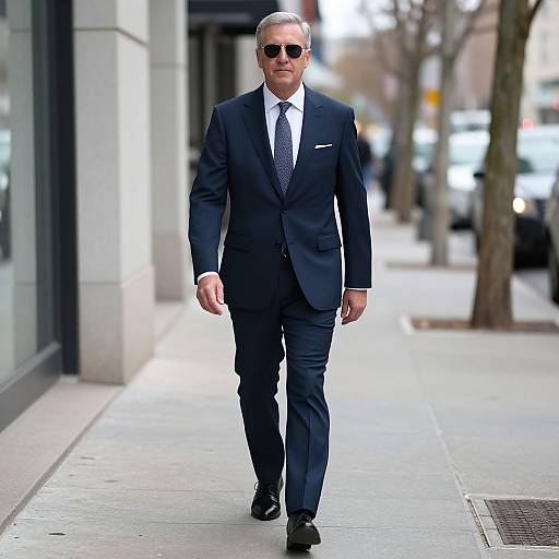Photograph of a middle-aged white man with short gray hair, wearing a dark blue suit, white shirt, patterned tie, black shoes, and