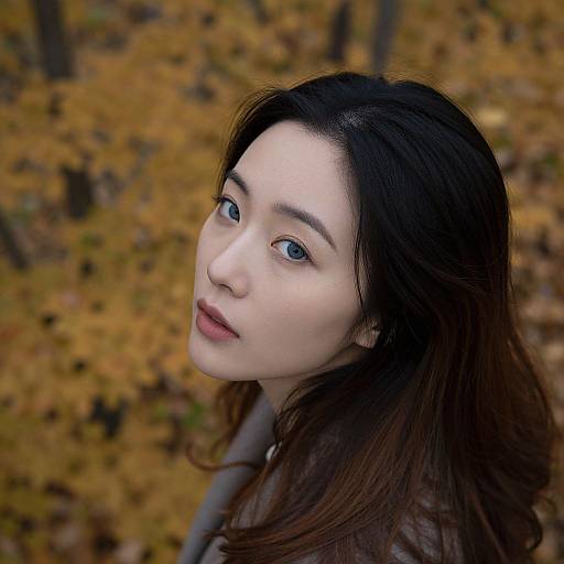 Photograph of an Asian woman with fair skin, blue eyes, and long black hair, gazing softly, set against an autumn forest background with golden